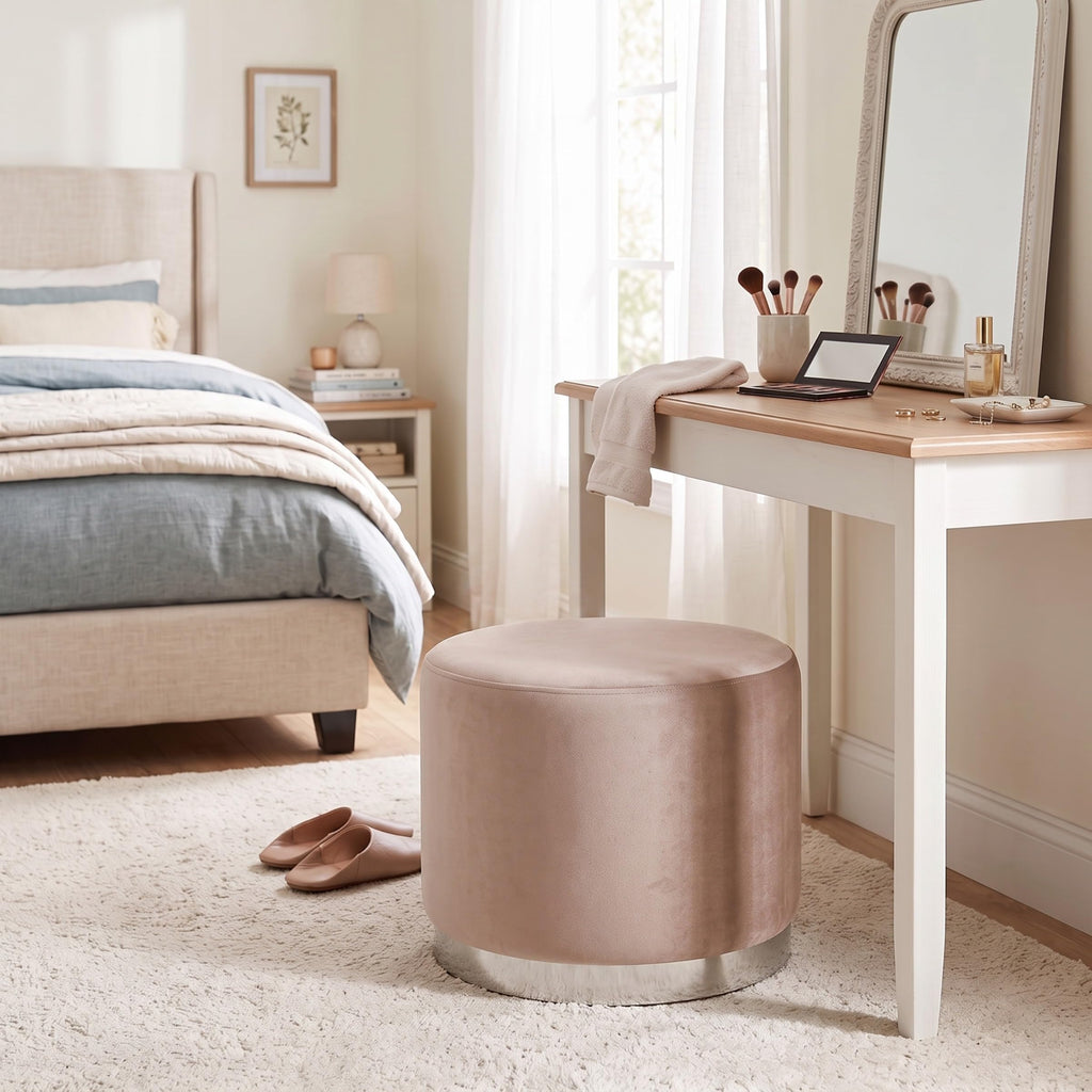 Large Round Velvet Ottoman Pouf - Soft Padded Foot Rest with Silver Trim - Upholstered Foot Chair, Coffee Table