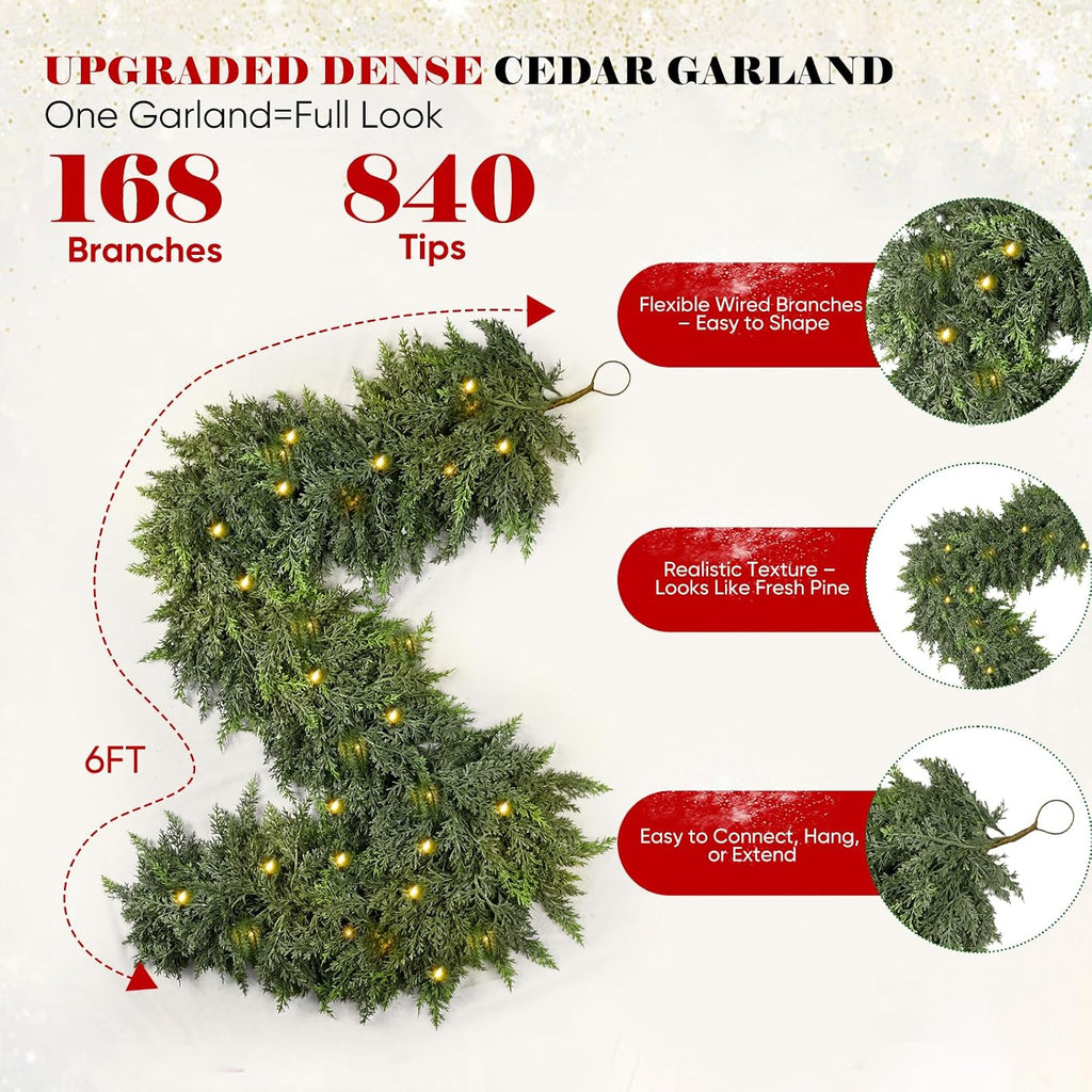 6FT Thick Christmas Cedar Garland with Lights, Layered Faux Greenery Decor