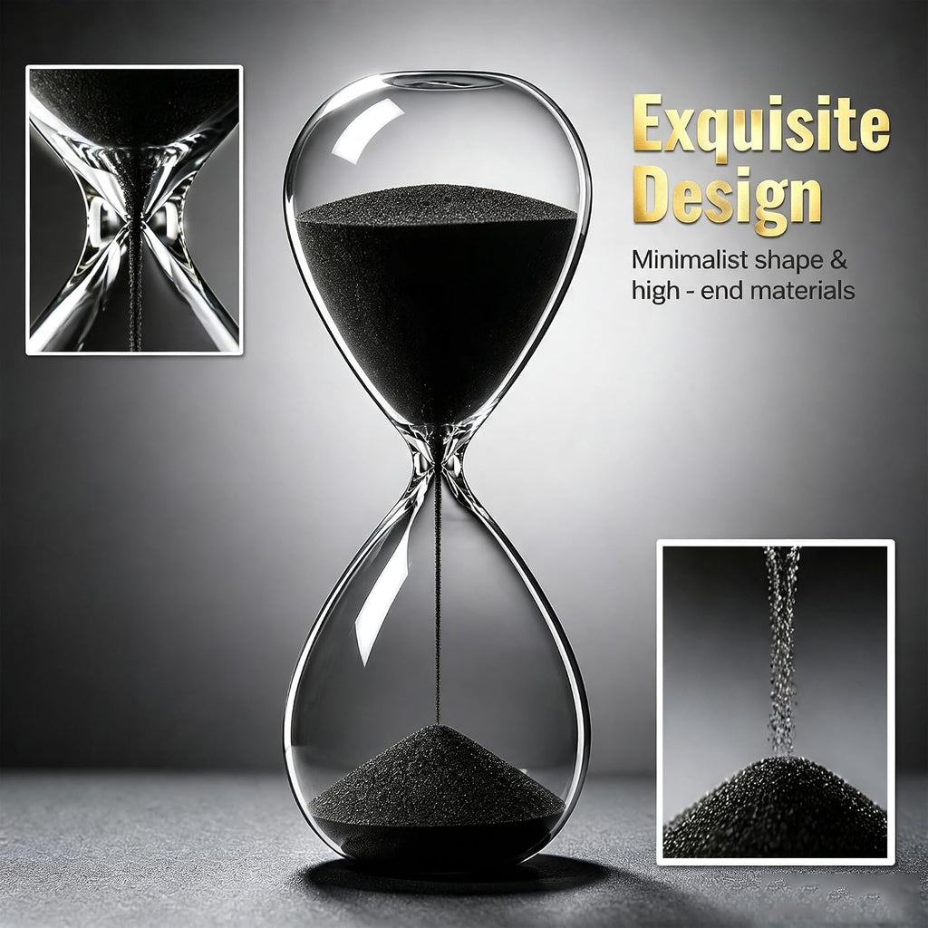 Hourglass, Black Sand Timer, 15 Minute Hand-Blown Glass