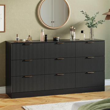 Fluted 9 Drawer Dresser , 59" Wide Wood Chest of Drawers with Metal Handle, Long Dresser Storage Organizer TV Stand