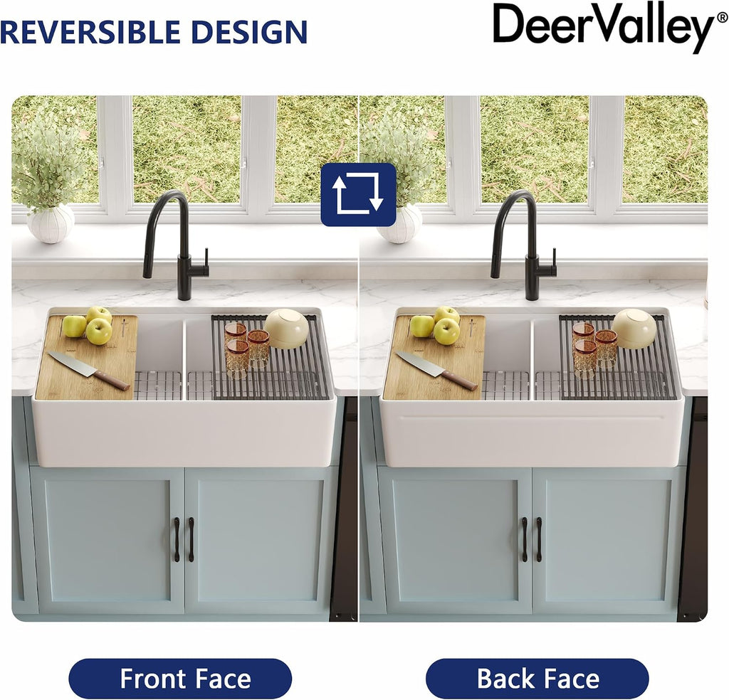 Double Bowl Workstation Kitchen Sink 36 Inch | Fireclay Deep Farmhouse Apron Front Kitchen Sinks, White Undermount