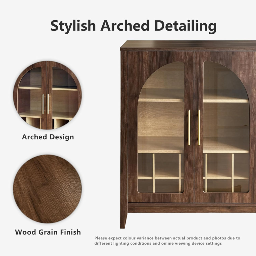 31.5" Coffee Bar Cabinet with Glass Doors, Arched Doors, Walnut | Mid Century Modern Sideboard with Wine Rack & Glass