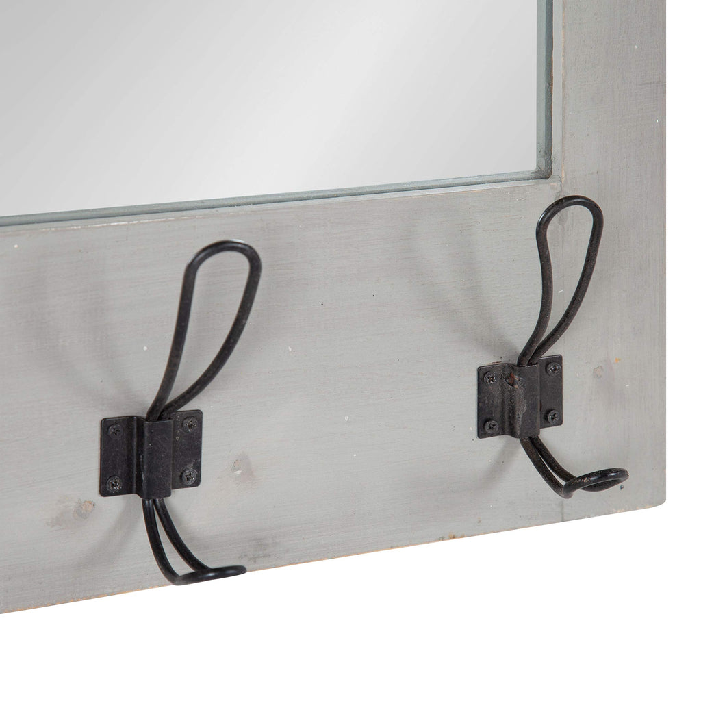 Cates Rustic Wall Mirror with Hooks, 18 x 28, Graywash, Farmhouse Wall Decor with Function