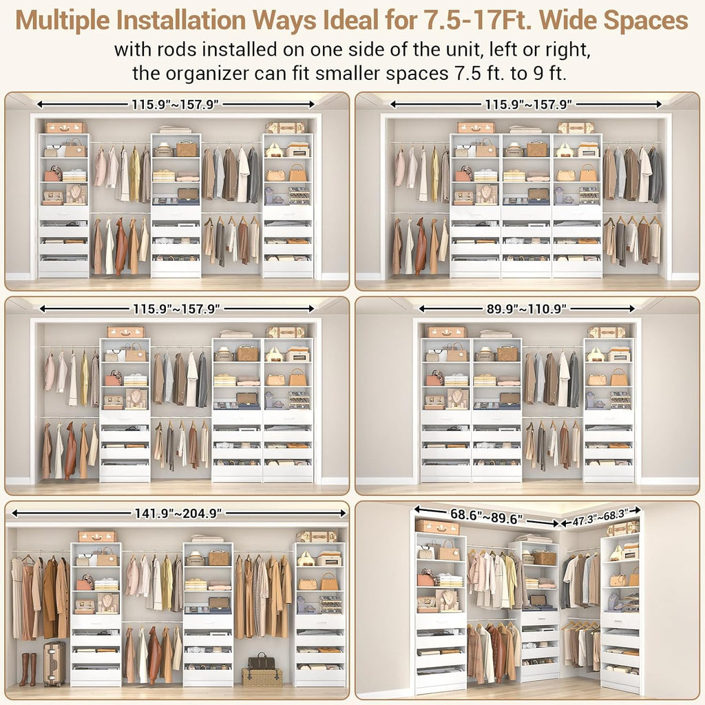 Closet System with 12 Drawers, 8.5-11.5Ft Wood Closet Organizer System with 4 Hanging Rods & 3 Towers, 4Ft & 6Ft