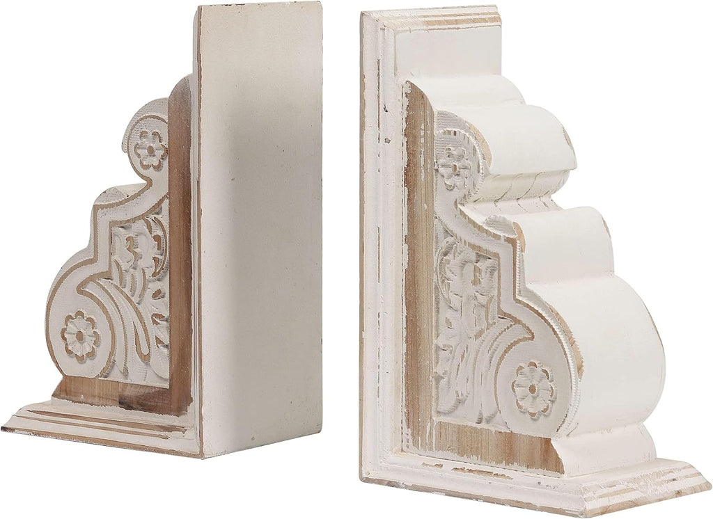 1 Pair Rustic Handmade Distressed White Wood Bookends, Carved Pattern | Unique Decorative Heavy Book Holder