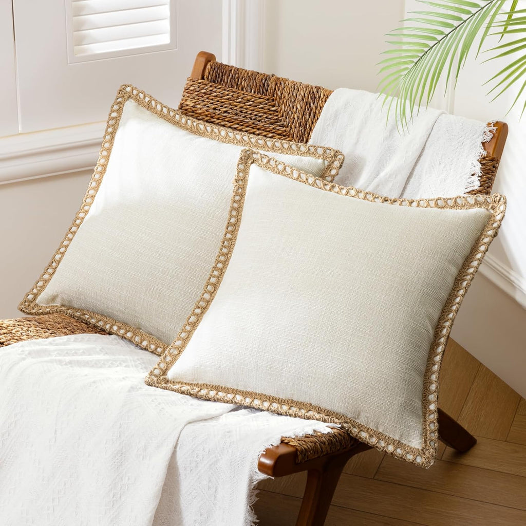 Pack of 2 Farmhouse Modern Spring Decorative Throw Pillow Covers Burlap Linen Trimmed Outdoor Pillows Tailored Edges