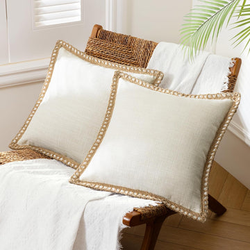 Pack of 2 Farmhouse Modern Spring Decorative Throw Pillow Covers Burlap Linen Trimmed Outdoor Pillows Tailored Edges