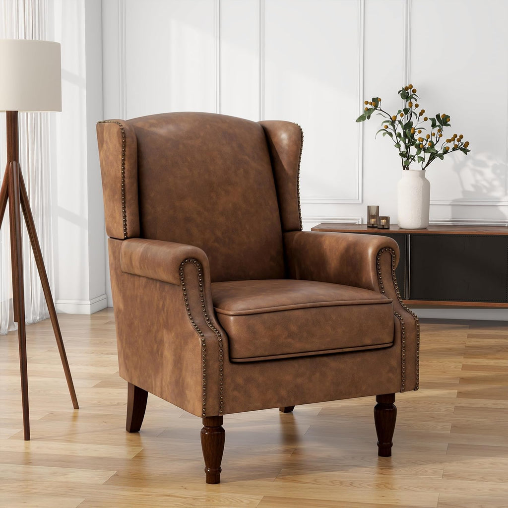 PU Leather Wingback Accent Chair, Upholstered High Back Armchair | Modern Reading Seat with Wooden Legs & Removable