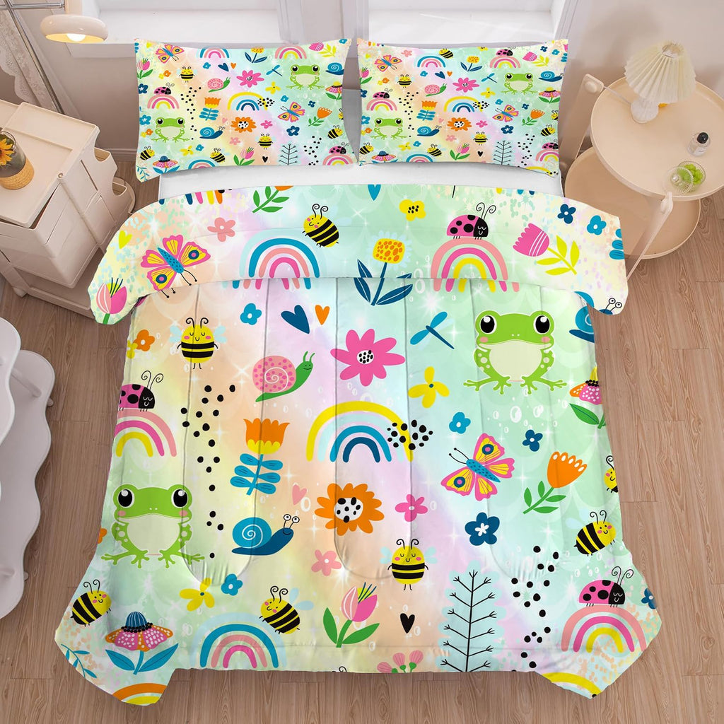 Rainbow Comforter Sets Twin Cartoon Floral Frogs Bedding Set for Girls Kids Children Boys Butterfly Flowers Bees