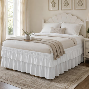 Ruffle Bed Skirt White King 16 Inch Drop, Elastic Wrap Around Bed Skirts King Size, Easy to Install Dust Ruffle