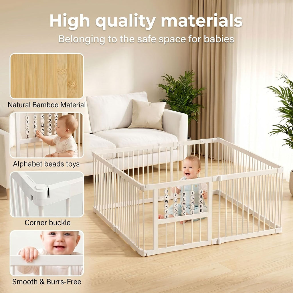 Bamboo Baby Playpen 64x64x26-8 Panel Adjustable Multi-Shape Large Play Yard for Toddlers with Locking Gate Portable