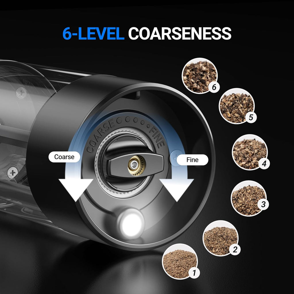 Electric Salt and Pepper Grinder Set, 110ml Larger Rechargeable Automatic Salt and Pepper Mill Grinder with 6 - Set of 2