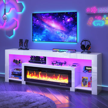 94.5" Extra Long Fireplace TV Stand with 50" Electric Insert, Modern High Gloss Entertainment Center for Up to 100"