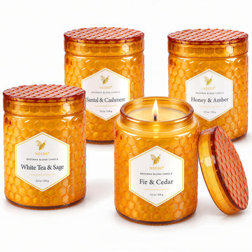 Luxury Pure Beeswax Scented Candles Gift Set, 4 Amber Honeycomb Jars