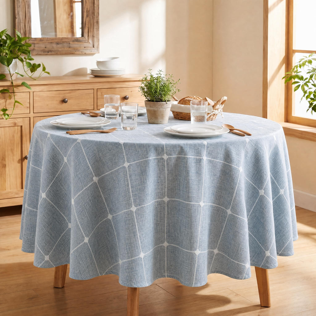 Farmhouse Plaid Tablecloth, Blue, 70×70 Inch Round