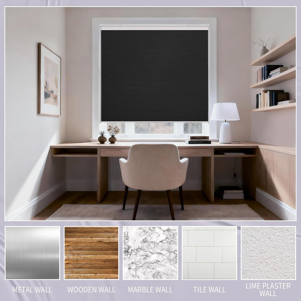 Cordless No Drill Blackout Honeycomb Shades - Thermal Insulation, UV Protection, Privacy, Room Darkening, Black 27" W