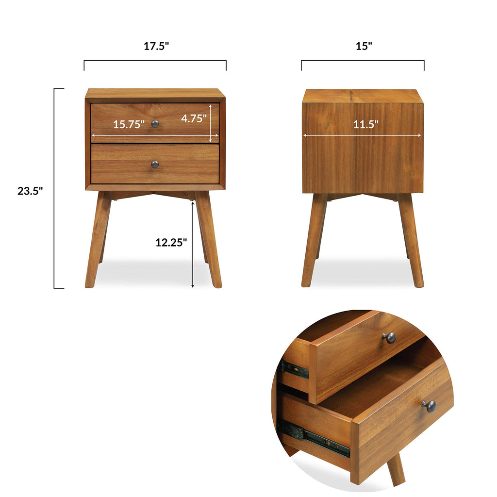 Dorsey Nightstand - Mid-Century Modern Nightstand - Solid Wood Bedside Table with 2 Drawers, Acorn Walnut Finish