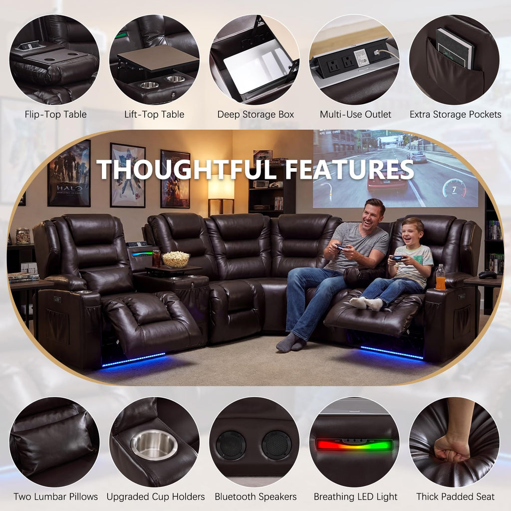 Power Loveseat Recliner Sofa, Adjustable Headrests & Lift-Top Table