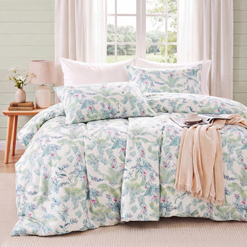 100% Cotton Floral Duvet Cover Set, Aqua Tropical Bedding Set, Soft & Breathable 3-Piece Colorful
