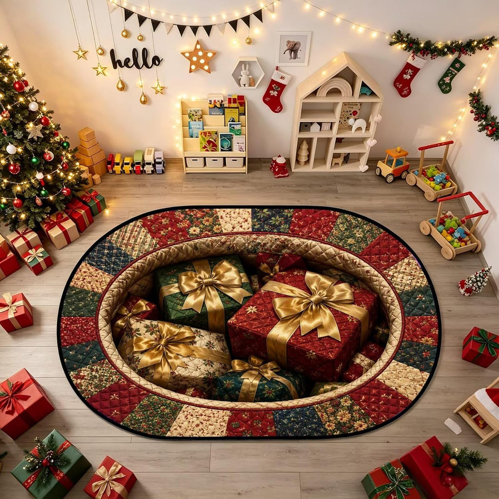 3D Gift Box Christmas Oval Rug Hole Optical Illusion Quilted Decor