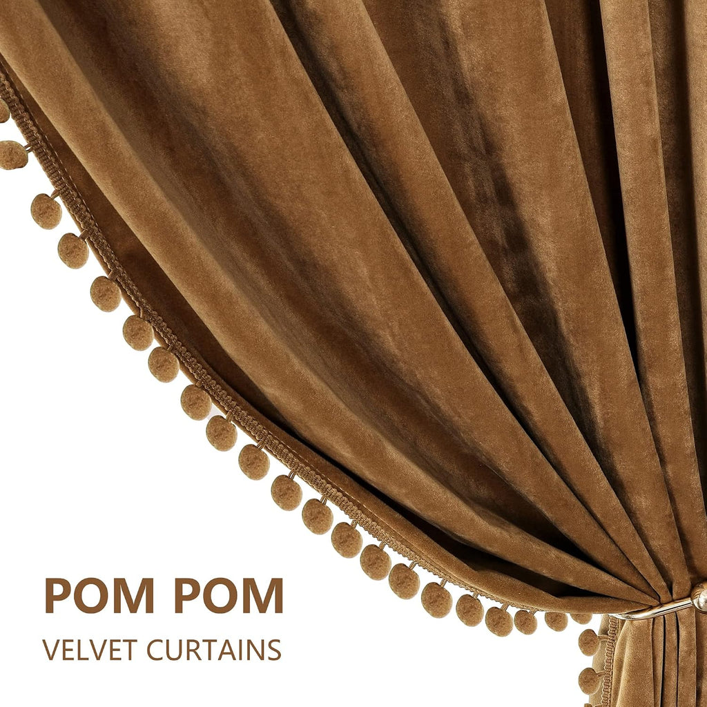 Camel Velvet Pom Pom Blackout Curtains 52x96 Inch 2 Panels | Blackout, Super soft velvet,vintage, luxury, thermal