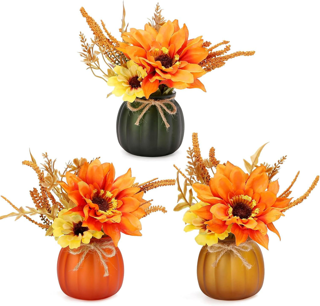 Fall Tiered Tray Decor - Pumpkin Cups with Artificial Sunflowers - Set of 3