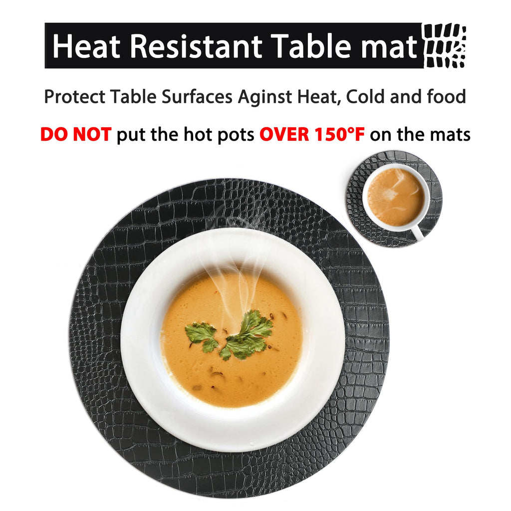 Round Leather Placemats for Round Tables Set of 4, Black Place Mats and Coasters, Washable Easy to Care for Indoor