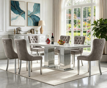 7-Piece Dining Table Set with 6 Grey Upholstered Chairs, 68" White Silver Faux Marble Kitchen Table Set for 6