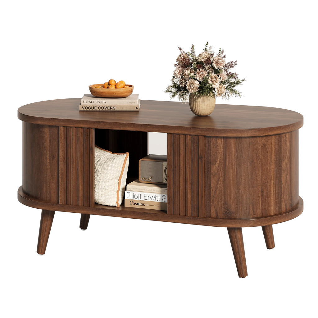 39.3" Oval Fluted Coffee Table with Storage, Fluted Mid-Century, Walnut