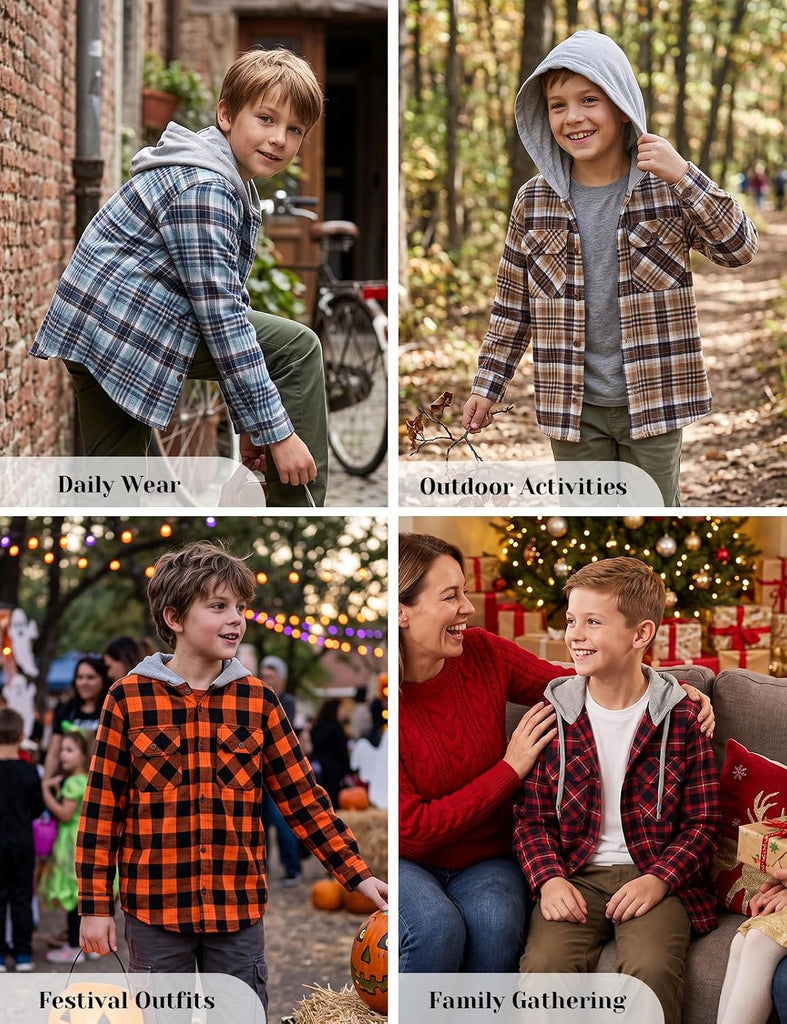 Boys Flannel Hoodie Shirts Long Sleeve Plaid Button Down Shirt