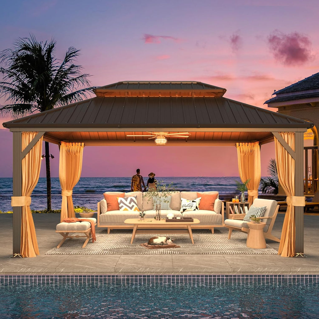 12' x 16' Gazebo Hardtop with Aluminum Frame,Galvanized Steel Double Roof Gazebos with Curtain and