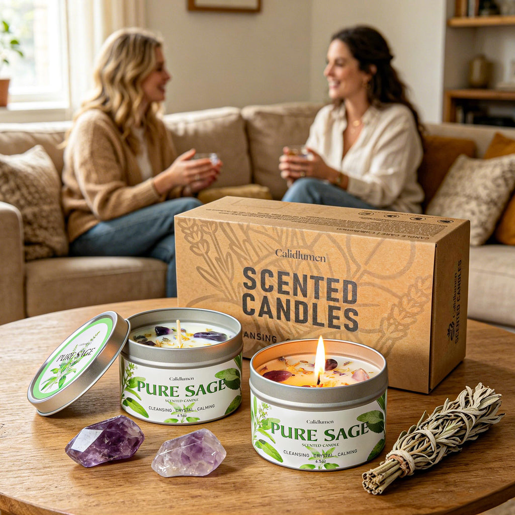 Pure Sage Candle for Cleansing - 2Pc Soy Scented Candle with Crystals & Sage Leaves Inside, House Negative Energy