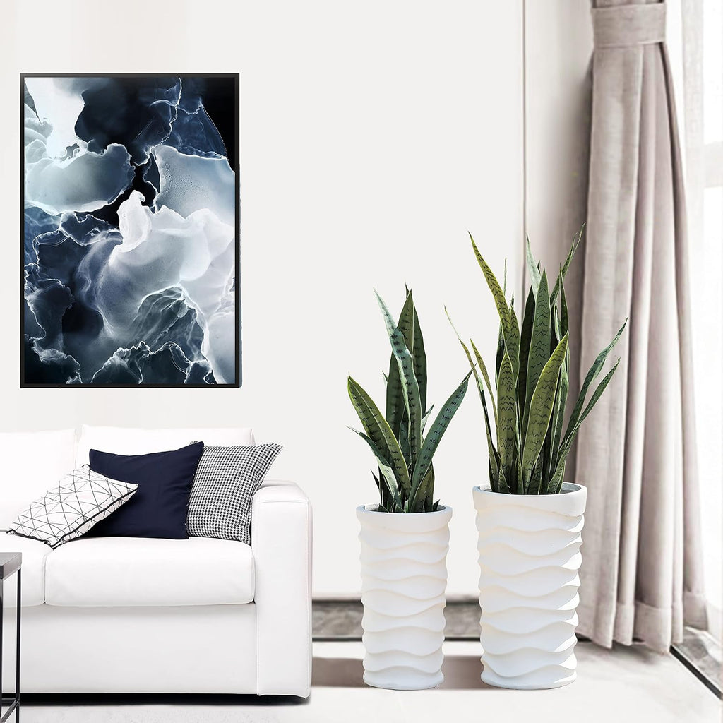 LuxenHome Tall Planters for Outdoor Plants, Set of 2 Garden White | With Drainage Hole and Rubber Plug, Modern White
