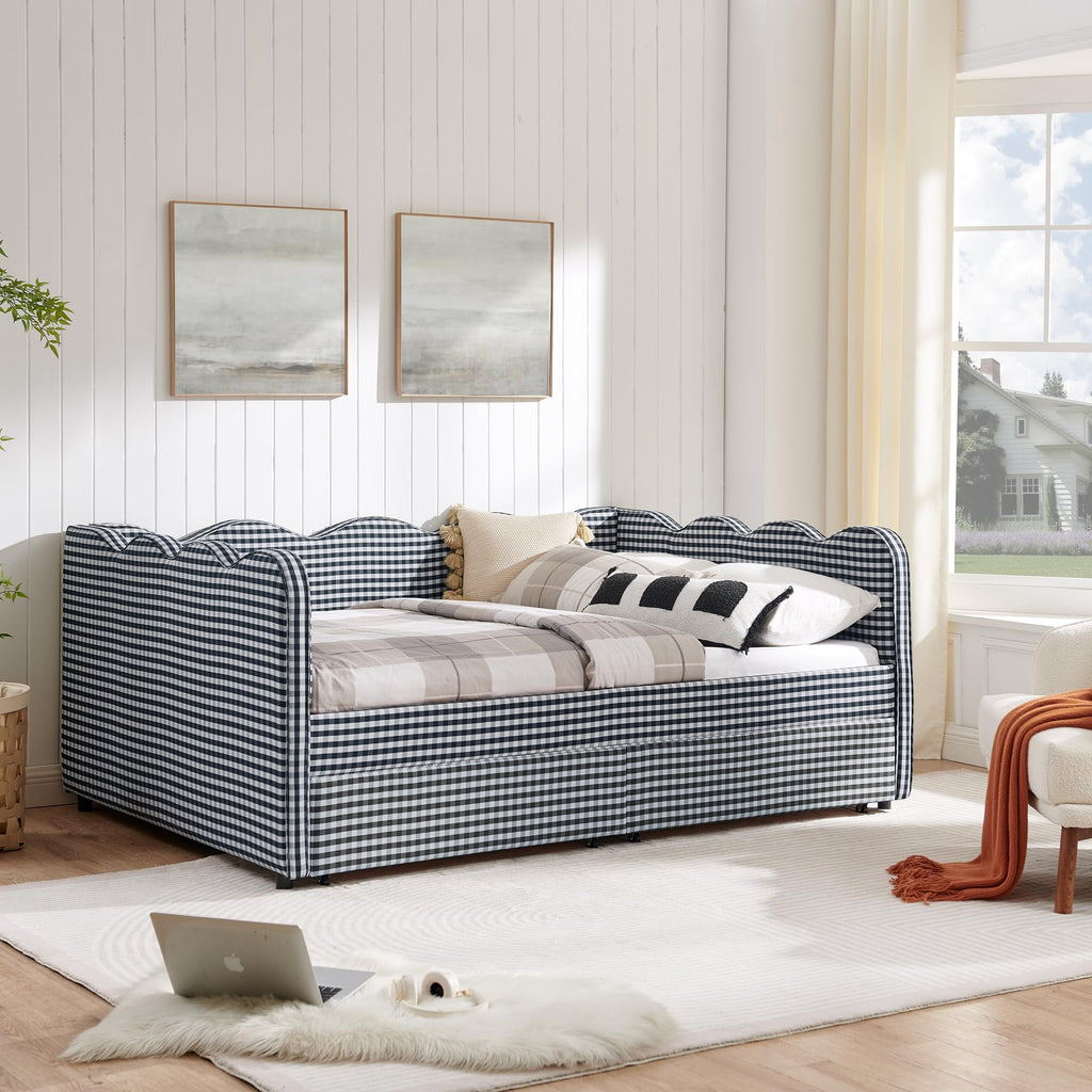 Full Size Upholstery Gingham Daybed with 2 Storage Drawers and USB, Modern Style Adorable Wave Shaped Linen Sofa Bed