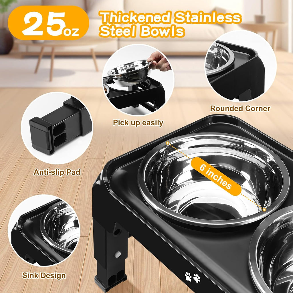 Elevated Dog Bowls for Small Medium Dogs, 3 Height Adjustable Raised Stand with 2 Thick 6" Stainless Steel Food