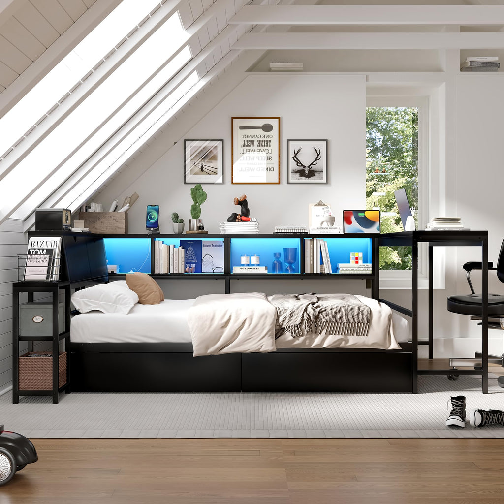 Corner Bed Frame with Storage Bookcase and Led Lights, Twin Size Metal Platform Bed Frame with Storage Drawers and