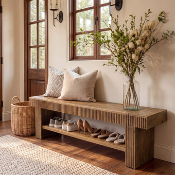 71 Inch Fluted Solid Wood Entryway Bench with Storage Shelf, Rustic Farmhouse Wood Shoe Bench, Long Console Bench