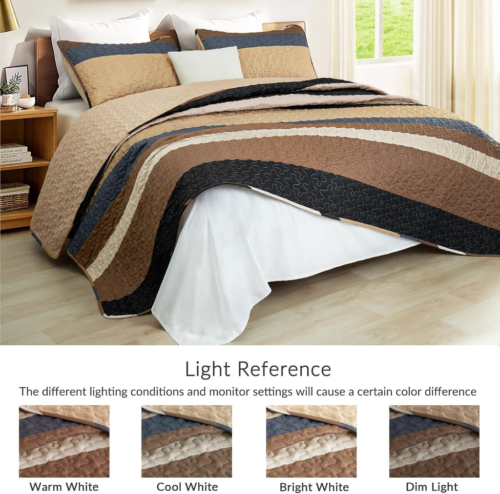 Full Queen Quilt Set - Reversible Camel Quilts Queen with 2 Pillow Shams, Lightweight Boho Striped Bedspreads