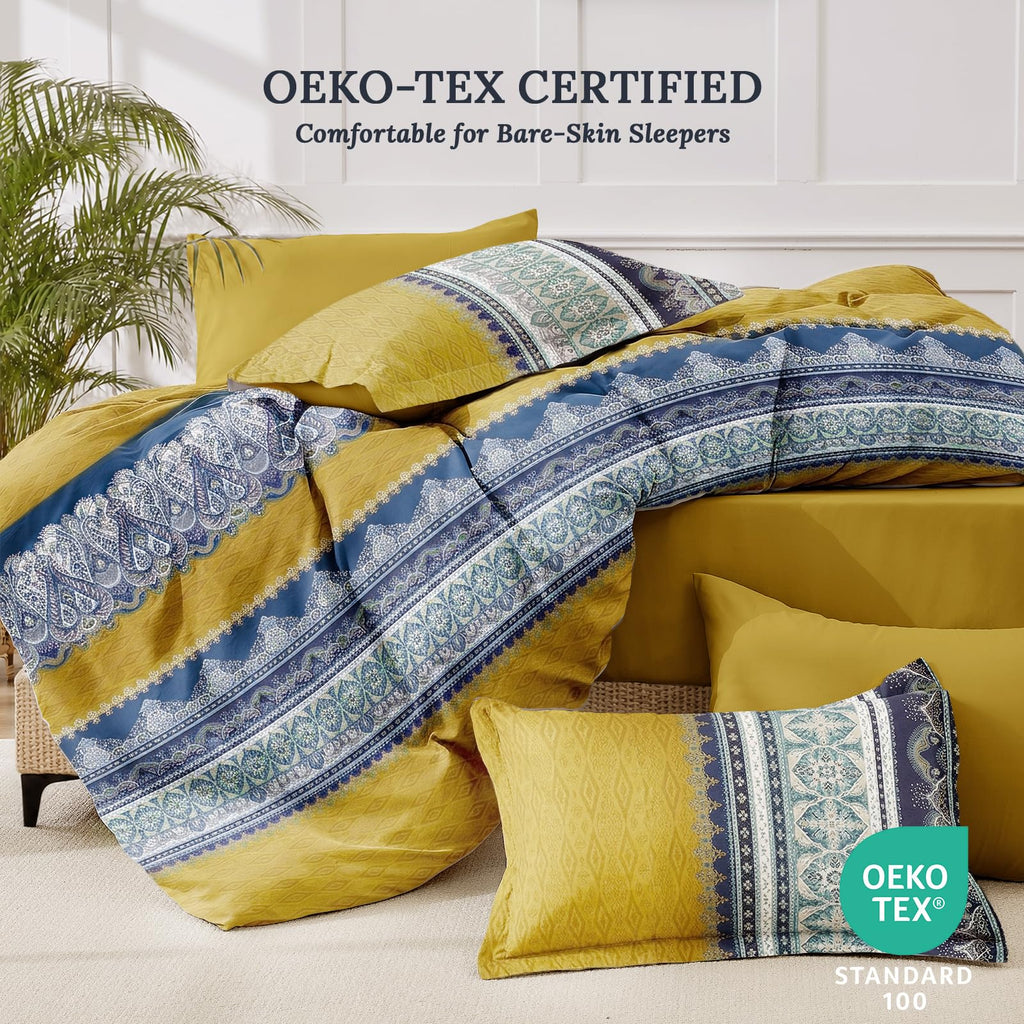 Full Comforter Set 7-Piece, Boho Bed in a Bag, Mustard Yellow