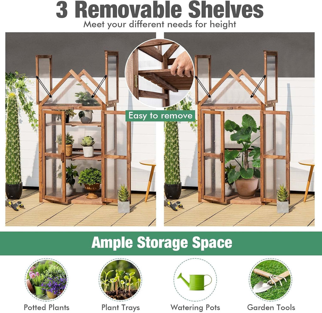 Wooden Cold Frame Greenhouse with 3 Removable Shelves for Outdoor | Portable Raised Flower Planter Shelf w/