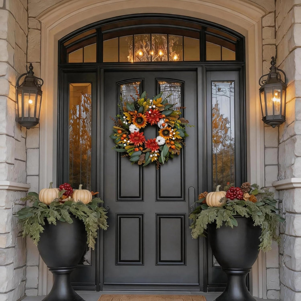 24 Inch Fall Eucalyptus Wreath for Front Door with Dahlia & Sunflower
