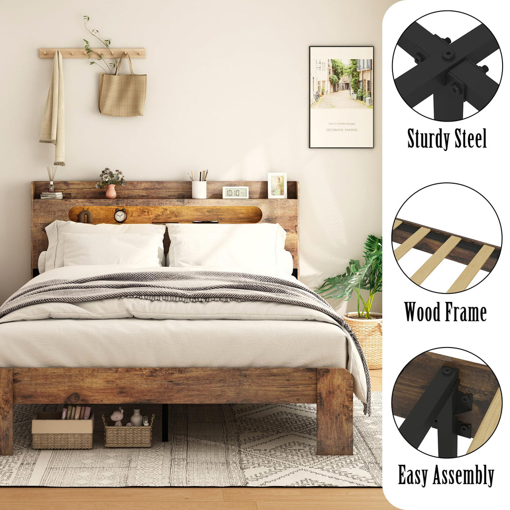 Wooden Bed Frame with Storage Headboard, Farmhouse Platform