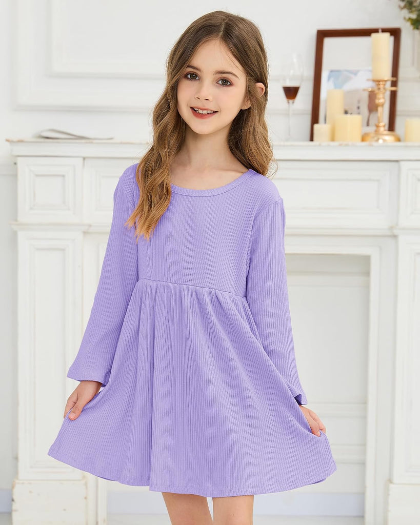 Long Sleeve Dress: Pack Soft Ribbed Ruffles Unicorn Print Toddler Girl Dresses for Casual Birthday Party
