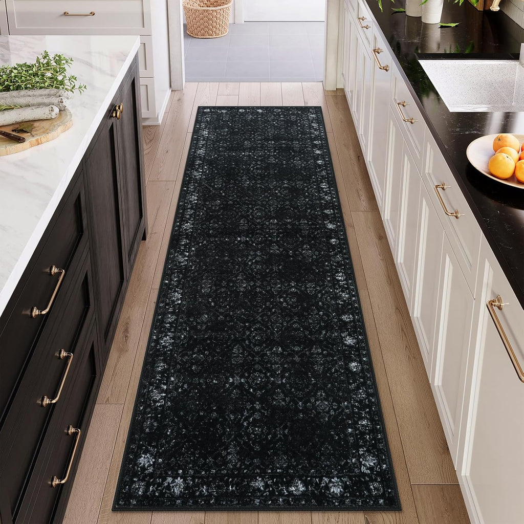 Vintage Black Washable Hallway Runner Rug, 2.6x8 Non Slip Runnersfor Hallways Entrance Indoor,Extra 