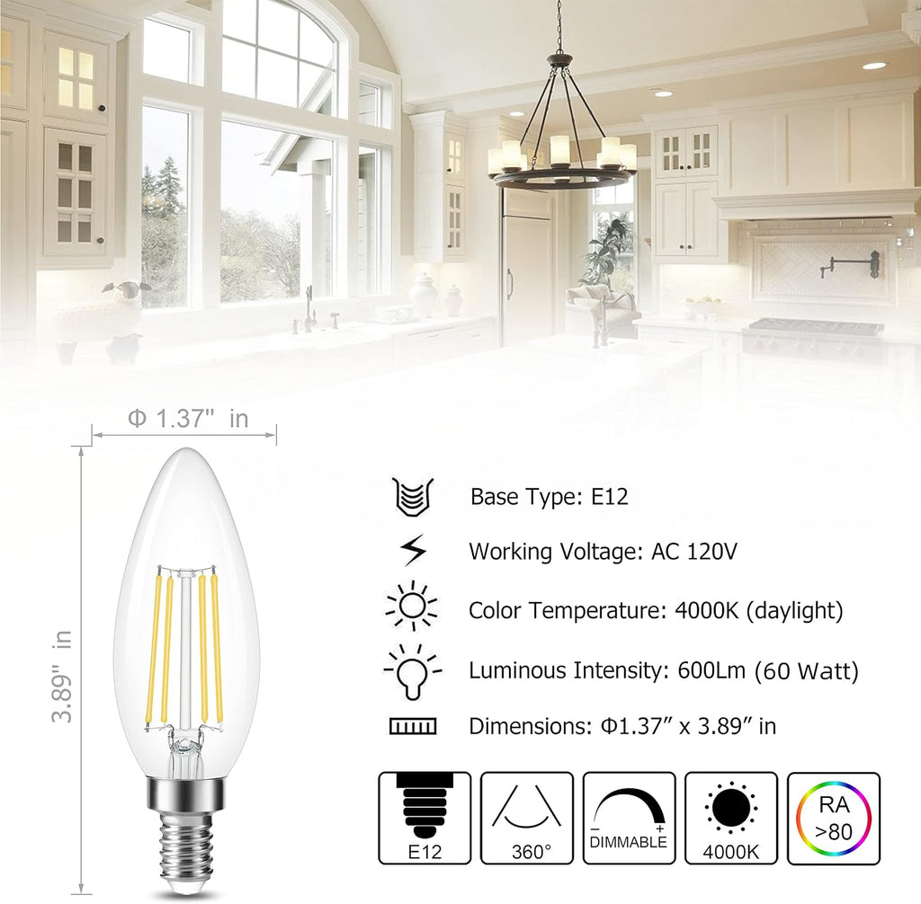 Dimmable E12 Candelabra LED Bulb 4000K Daylight 60W Equivalent