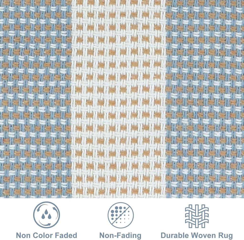 Layering Rug for Front Porch 2x4.3 Cute Welcome Mat Outside Entrance | Washable Front Door Mat, Blue White and Tan