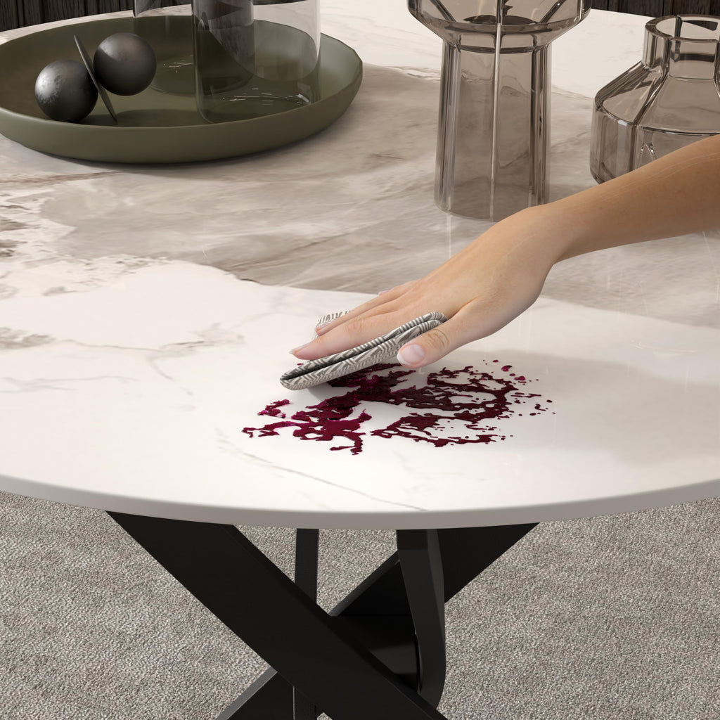 Marble Round Dining Table for 2-4 with Metal Legs, 31.5 Inch Sintered Stone Modern Small Kitchen Table Kitchen Apt