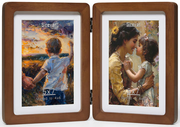 Hinged Double Picture Frame 5x7, Vertical Folding Pine Wood Frame with Real Glass, Matted to 4x6, Free-Standing