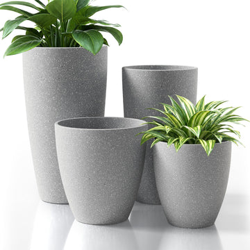 4 Pack Plastic Planters 21/18/12/10in, Indoor Outdoor Round Planter for Porch, Large Plant Pot with Drainage Hole