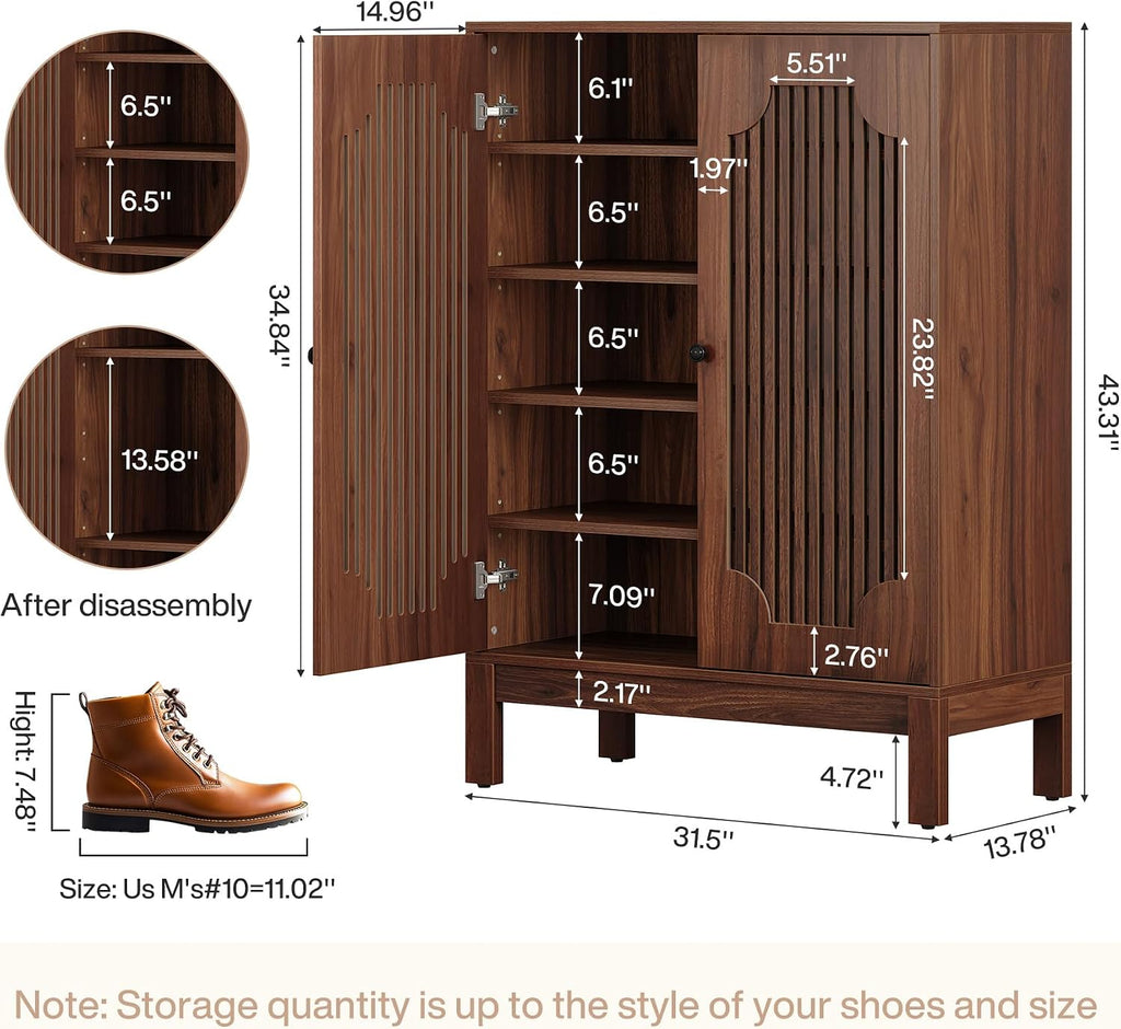 Shoe Cabinet with Doors, 5-Tier Shoe Storage Cabinet with Adjustable Shelves, 20 Pairs Wooden Shoe Rack Organizer